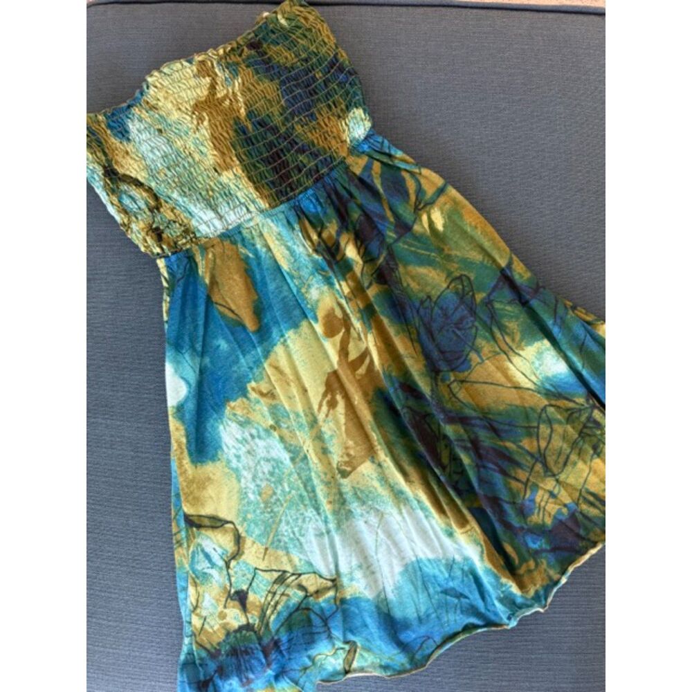 Blue Green Watercolor Smocked Strapless Dress